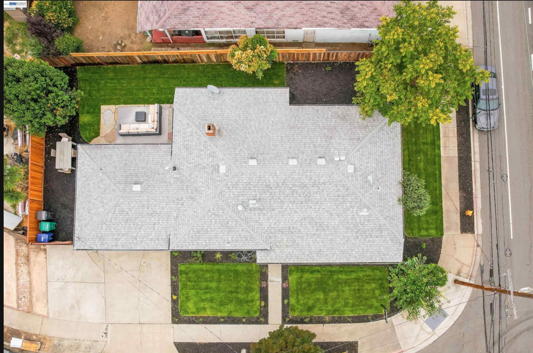 Aerial view of fenced backyard